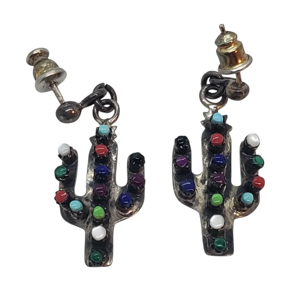 Vintage Sterling Silver Len Adakkai 925 Cactus Earrings Navajo Dangle Southwest
